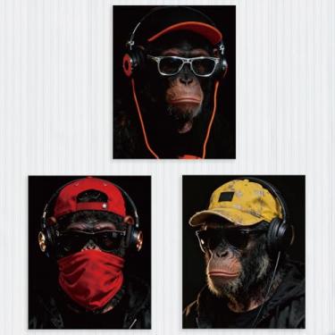Imagem de 3 peças de macaco engraçado com lenços de cabeça e chapéus impressão sem moldura pôsteres decoração de parede, decoração de parede elegante para casa, corredor, sala de estar, quarto, presentes
