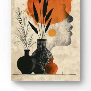 Imagem de Arte Moderna Abstrata em Preto e Laranja, Impressão em Tela, Composição com Vasos e Sol, Arte Decorativa para Parede, 60x40 cm