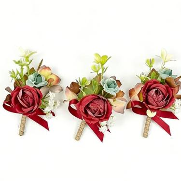 Imagem de Youshe Boutonnieres rosa com alfinetes para casamento, terno masculino, corpete, noivo e padrinho, flor na lapela para casamento, formatura, festa de aniversário (3, bordô)