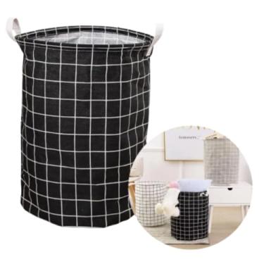 Imagem de Cesto de Roupa Dobrável com Alças, Grade Branca, Organizador de Brinquedos e Roupas, Preto, 35cm