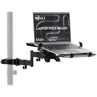 Imagem de WALI Suporte de poste para laptop, suporte de braço ajustável para laptops de 10 a 15,6 polegadas, suporte para monitor de movimento completo 2 em 1 com bandeja removível, VESA 75 x 75 ou 100 x 100 mm