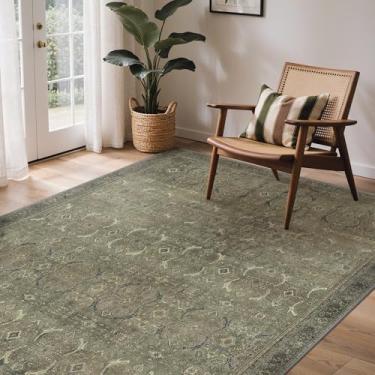 Imagem de GENIMO Tapetes de área de 15 x 23 cm para sala de estar, laváveis à máquina, tapetes vintage antiderrapantes, tapete leve com estampa de chenille para quarto, sala de jantar, escritório em casa, verde