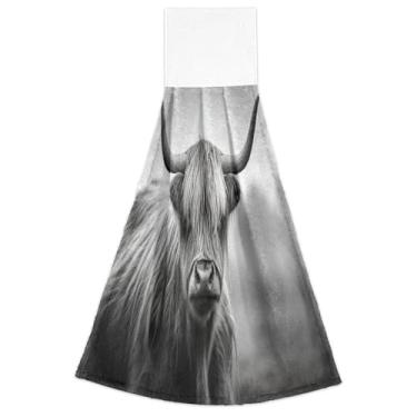 Imagem de Joitme Toalhas de mão pretas e brancas de vaca Highland para pendurar no outono, toalhas de amarrar no forno, toalhas absorventes macias e modernas, decoração de cozinha, conjunto de 2, 45 x 35 cm