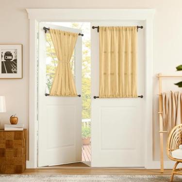 Imagem de Tollpiz Cortina de porta de linho curta cortina semitransparente cortina de filtro de luz para armário com dois bolsos de haste boho, para divisória de quarto, 137 x 101 cm de comprimento, bege, 1