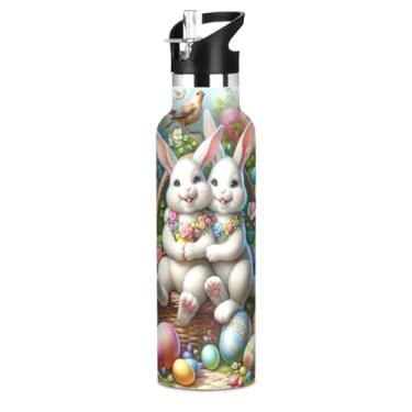 Imagem de Garrafa de água isolada de 590 ml com tampa e alça de palha, garrafa de água a vácuo de parede dupla para adolescentes, copos infantis de aço inoxidável sem BPA, coelho da Páscoa branco colorido