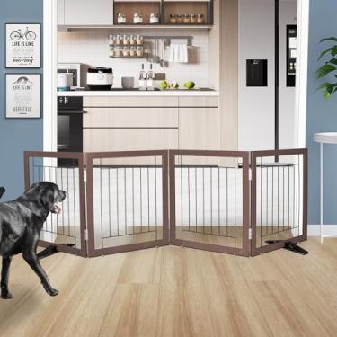 Imagem de Cerca interna para cães – Portão independente para cães com 4 painéis para portas, corredores, casa ou escadas - 203 x 81 cm retrátil dobrável expansível para animais de estimação da SFJC (marrom)