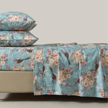 Imagem de FADFAY Jogo de lençol casal floral, 100% algodão, 4 peças, com bolso profundo, verde menta, vintage, botânico, pássaro e flor, macio, fresco e respirável para todas as estações