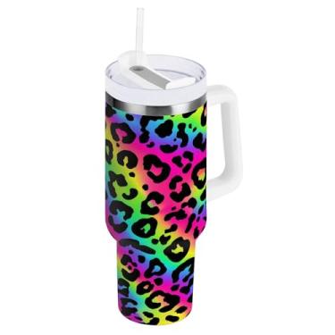 Imagem de WEIYEKO Copos com isolamento neon de guepardo com estampa de leopardo arco-íris com tampa de canudo e alça de aço inoxidável garrafa de água 1,134 g copo a vácuo café viagem para carro, casa
