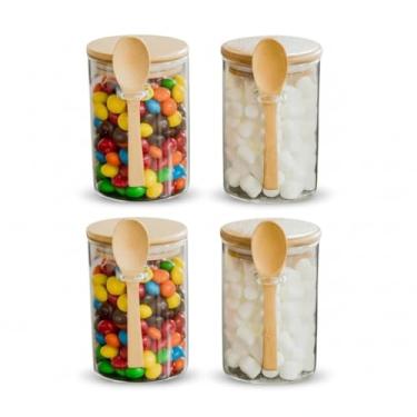 Imagem de Pote Hermético Vidro Borossilicato 250ml com Tampa e Colher de Bambu Vedação Silicone (4 Unidades)