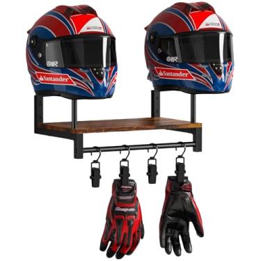Imagem de Suporte de Parede para Capacete com Placa de Madeira,Suporte para Capacete Retrô com 2 Suportes para Capacete,Organizador de Acessórios de Futebol,4 Clipes para Pendurar Luvas,Chaves,Coletes