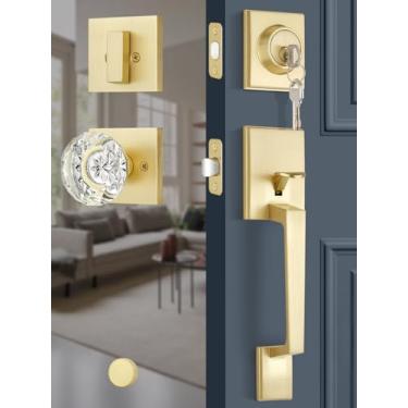 Imagem de Bonpoly 1 conjunto de fechadura de porta frontal dourada, maçaneta frontal com fechadura de cilindro único, conjunto de fechadura externa com maçanetas de cristal, maçaneta de porta de entrada