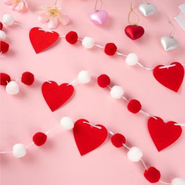 Imagem de 1 guirlanda romântica de bola de feltro para o Dia dos Namorados, coração vermelho, pompom, decoração para pendurar para festa dos namorados, casamento, aniversário, parede de casa