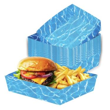 Imagem de JarThenaAMCS 36 bandejas de comida de papel ondas do oceano, para verão, piscina, praia, bandejas, descartáveis, para servir lanches, férias, verão, Havaí, tropical, artigos de festa de aniversário