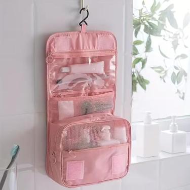 Imagem de Bolsa organizadora de artigos de higiene pessoal de grande capacidade, tecido de sarja resistente, gancho de pendurar para maquiagem, kits de barbear, armazenamento de banheiro, rosa