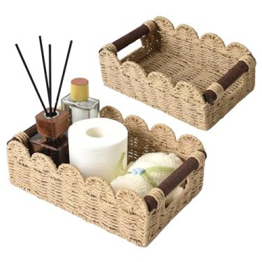 Imagem de Jdvads Linda cesta recortada, armazenamento de papel higiênico tecido à mão com alças embutidas, organizador de cesta de banheiro de vime para casa, sala de estar (conjunto de 2)