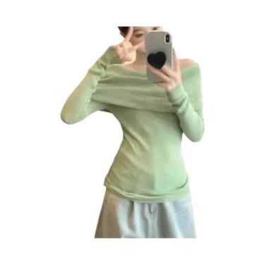 Imagem de Suéter De Malha Feminino Com Ombros Descidos, Manga Longa, Ajuste Slim