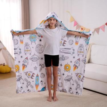 Imagem de Cobertor infantil vestível com capuz e alças de mão — lã de flanela estampada macia e aconchegante, 113 cm × 127 cm para descansar, noites de cinema, festas do pijama e brincadeiras