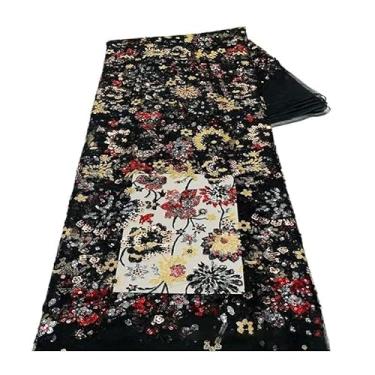 Imagem de Elastic Mesh Colorful Floral Sequin Fabric Cotton Thread Embroidery for Form-Fitting Dress Clothing(Black)