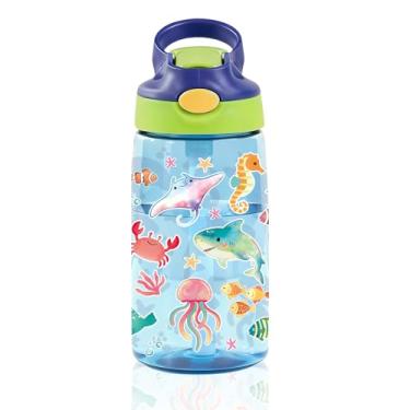 Imagem de Garrafa de água infantil fofa de vida marinha de 400 ml com tampa de canudo - Garrafas de água de desenho animado para crianças, à prova de vazamento, leves e duráveis garrafas de plástico para escola