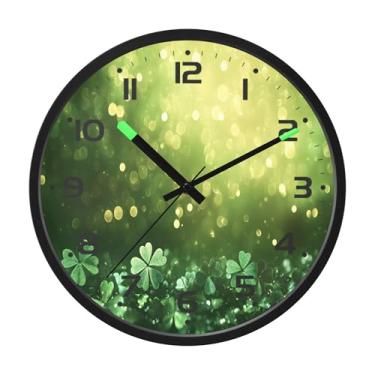 Imagem de SEHANY Relógio de parede Green Clover, silencioso, sem tique-taque, relógio redondo operado por bateria, controle de som, luz noturna, relógios de parede para sala de estar, cozinha, quarto