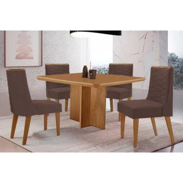 Imagem de Sala Jantar Mesa Berlim Tampo Curvo 90cm+4 Cadeiras Maldivas Madeira Naturale - Capuccino/Suede Marrom - Rufato