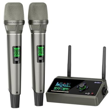 Imagem de BASN Sistema de microfone duplo sem fio UHF, microfone portátil recarregável e mini receptor com equalizador/reverberação para karaokê, eventos ao ar livre, palco pequeno, músicos viajantes (champanhe
