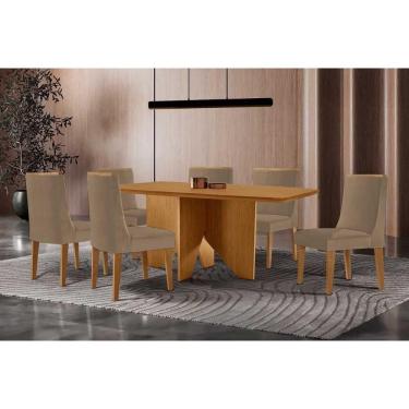 Imagem de Sala Jantar Mesa Nevada Tampo Curvo 180cm+6 Cadeiras Dakota Madeira Naturale - Capuccino/Linho Bege - Rufato