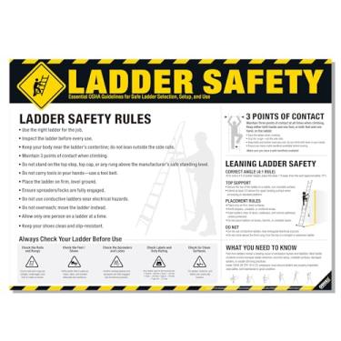 Imagem de Pôster de segurança de escada – OSHA Ladder Safe Rules & 3 pontos de contato, pôster de placa de inspeção no local de trabalho e treinamento de segurança