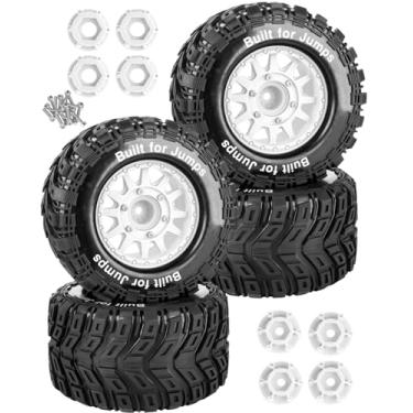 Imagem de RCarmubWow 1/10 Scale RC Wheels and Tires for Granite Big Rock Vorteks 3S/Rustler Stampede Hoss 2wd 4x4,Axia1 L0S1 Red cat Rc 4wd,1/10 Truck Tires w/12/14/17MM Hex,Rubber Tyres w/Foam Insert,White