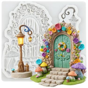 Imagem de MYPRACS Molde de silicone para porta de cogumelo de jardim de fadas vintage lâmpada de rua moldes de fondant de porta de pedra para decoração de bolos, topo de cupcake, artesanato de açúcar, argila de