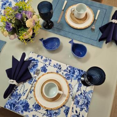 Imagem de Jogo Americano Dupla Face (kit de 6 lugares) Tecido Impermeável Floral Azul + 6 Porta Guardanapos | Mesa Posta