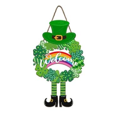 Imagem de Feliz Dia de São Patrício Bem-vindo Placa de madeira para pendurar 33,4 x 12,8 polegadas Dia de São Patrício sinal de guirlanda de trevo arco-íris para decoração de porta da frente, guirlanda de