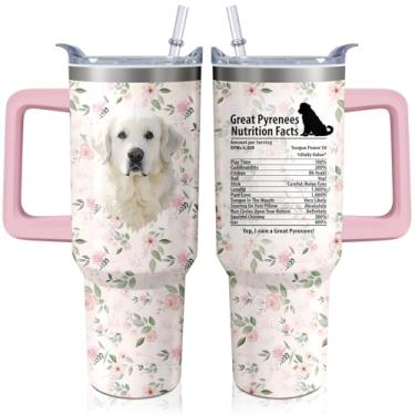 Imagem de Copo para cães dos Grandes Pirenéus de 1,134 g com alça e canudo, copo isolado de aço inoxidável engraçado com tampa e canudo, garrafa de água para viagem, presente de dia das mães para mulheres e