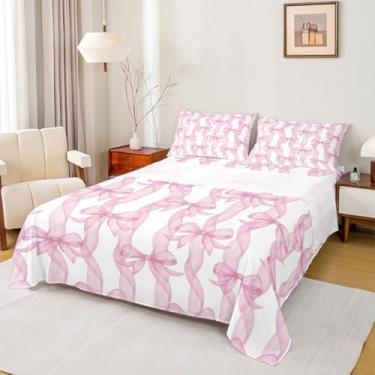 Imagem de Jogo de lençol solteiro com laço rosa, estampa de laço doce, 3 peças, estilo princesa, para decoração de quarto de crianças, adolescentes, mulheres, jovens, lençol de cima, 1 fronha