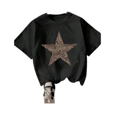 Imagem de Camiseta Feminina De Algodão Com Estampa De Estrela De Leopardo, Gola 