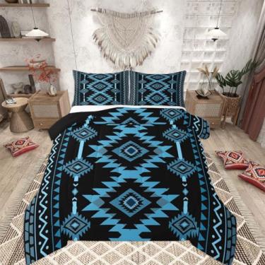 Imagem de Feelyou Conjunto de edredom azul e preto do sudoeste, tribal, indígena, casal, fazenda, oeste, edredom
