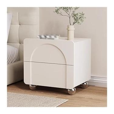 Imagem de Mesa de cabeceira moderna de madeira pequena, simples, cor sólida, armazenamento de quarto, pés de armário fofos, gaveta dupla, móveis de cabeceira de grande capacidade, prático (branco, médio)