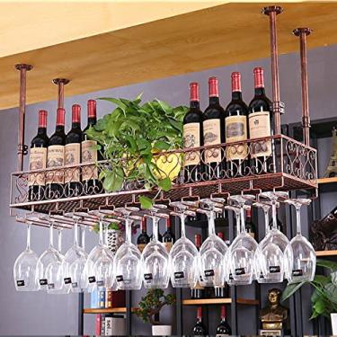 Imagem de Rack de vinho, rack de vinho de teto suporte de garrafa de vinho vintage, estantes de copos de vinho, prateleira de armazenamento de cozinha de ferro, decoração suspensa prateleiras organizadoras