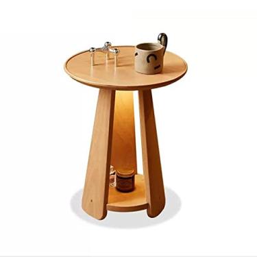 Imagem de Mesa de centro de madeira, mesa de cabeceira com luzes noturnas, mesa de cabeceira moderna para quarto, mesa de café pequena redonda com prateleira de armazenamento para mesa lateral de sala de estar