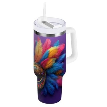 Imagem de Blueangle Copo isolado de máscara colorida de carnaval de 850 g com alça e tampa de palha, caneca de viagem reutilizável de aço inoxidável (207)