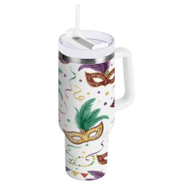 Imagem de Blueangle Copo isolado para Mardi Gras de 1,134 g com alça e tampa de palha, caneca de viagem reutilizável de aço inoxidável (413)