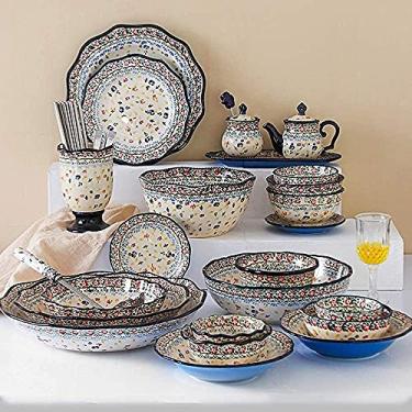 Imagem de Conjunto de louça de porcelana para 8 conjuntos de pratos e tigelas estilo pastoral, conjunto de jantar de cerâmica pintada à mão para amigos, cozinha, casamento