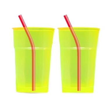 Imagem de Conjunto de 100 copos neon de 300 ml + agitadores premium, ideais para bebidas, festas e comemorações de aniversário(Amarelo)