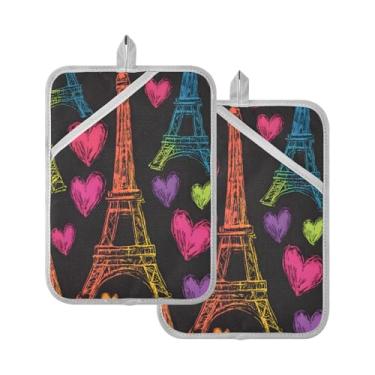 Imagem de STAYTOP Pacote com 2 pegadores de panela de coração da Torre Eiffel, almofadas quentes resistentes ao calor com bolsos, conjuntos de suportes de panela antiderrapantes para cozinha, assar e cozinhar
