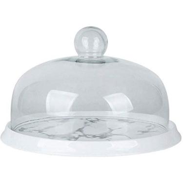 Imagem de Prato de bolo com tampa de vidro, bandeja de pão de cerâmica texturizada branca e mármore para uso doméstico, frutas, sushi, pó, chip e servidor de molho (cor: A, tamanho: 21,5 * 21,5 * 15 cm) (B 21,5