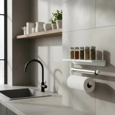 Imagem de Suporte de Parede Porta Papel Toalhas e Prateleira para Temperos Cozin