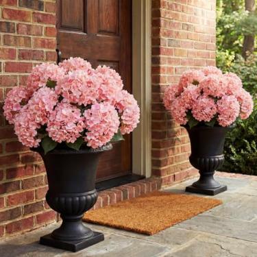 Imagem de Hotop 4 peças de flores artificiais de hortênsia grande rosa vermelha para ambientes externos, hortênsia, seda, 5 cabeças por arbusto, para casa, interior, casamento, buquês, cozinha, centro de mesa