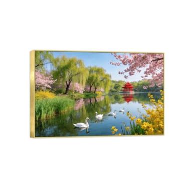 Imagem de BMZFYBS Impressão em tela de paisagem pronta para pendurar - árvore lago animais - pintura de arte de parede - decoração de casa moderna imagem moldura dourada 50 x 75 cm 20 x 30 pol