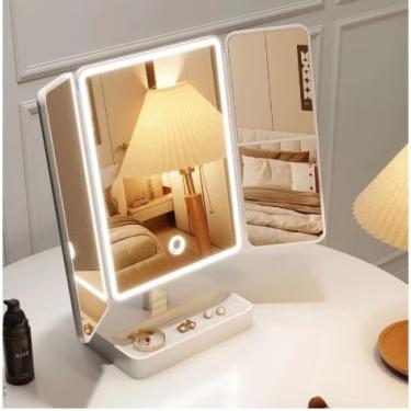Imagem de Espelho de Maquiagem com Luz LED, Triplo Dobrável, Touch Control, Base Organizadora, Iluminação Ajustável, Camarim