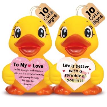 Imagem de Pacote de 2 patos de borracha com suporte emocional positivo – decoração de mesa motivacional fofa com cartões de incentivo para casal, presente edificante para aniversário, aniversário, dia dos